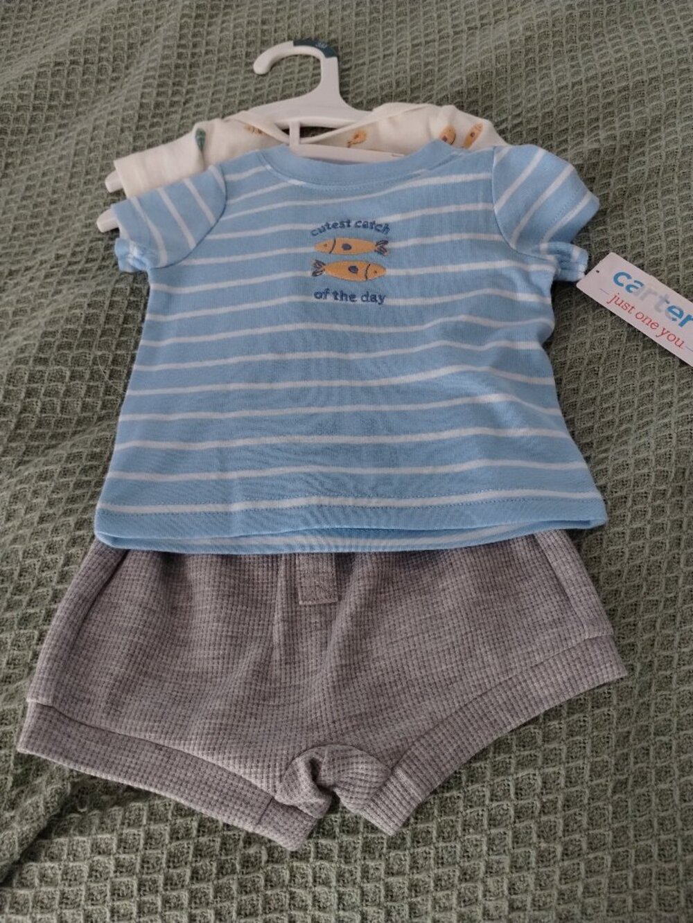 Carter- 3 piece outfit- top,grey shorts,onesie